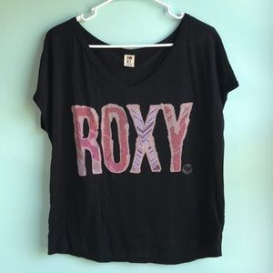 Roxy black tee with pink/purple font